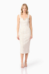 Blonde model wearing Ellouise Embellished Tweed Midi Dress in White posed shot