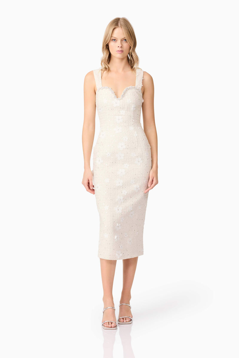 Blonde model wearing Ellouise Embellished Tweed Midi Dress in White posed shot