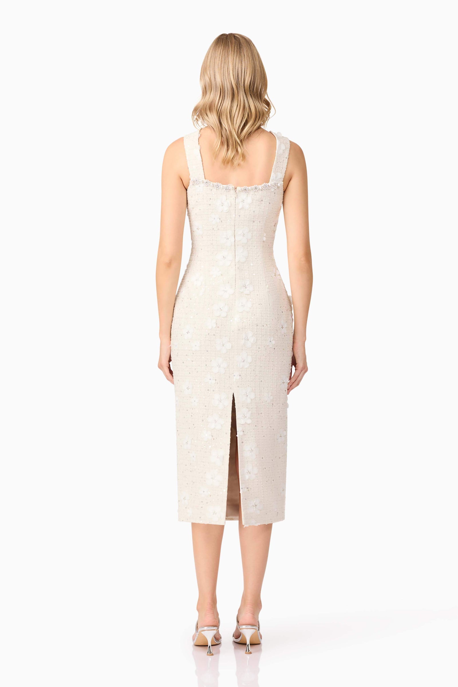 Ellouise Floral Midi Dress in White | Pearl Neckline Trim Elliatt Ellouise Floral Midi Dress in White | Pearl Neckline Trim Elliatt