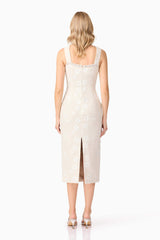 Blonde model wearing Ellouise Embellished Tweed Midi Dress in White back shot
