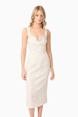 Blonde model wearing Ellouise Embellished Tweed Midi Dress in White close up shot