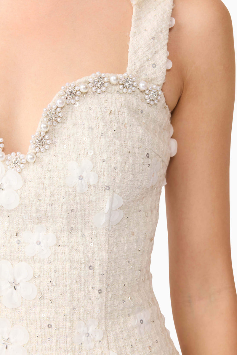 Blonde model wearing Ellouise Embellished Tweed Midi Dress in White detail shot