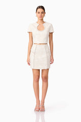 Brunette model wearing Ellouise Embellished Tweed Set in White front shot