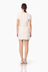 Brunette model wearing Ellouise Embellished Tweed Set in White back shot