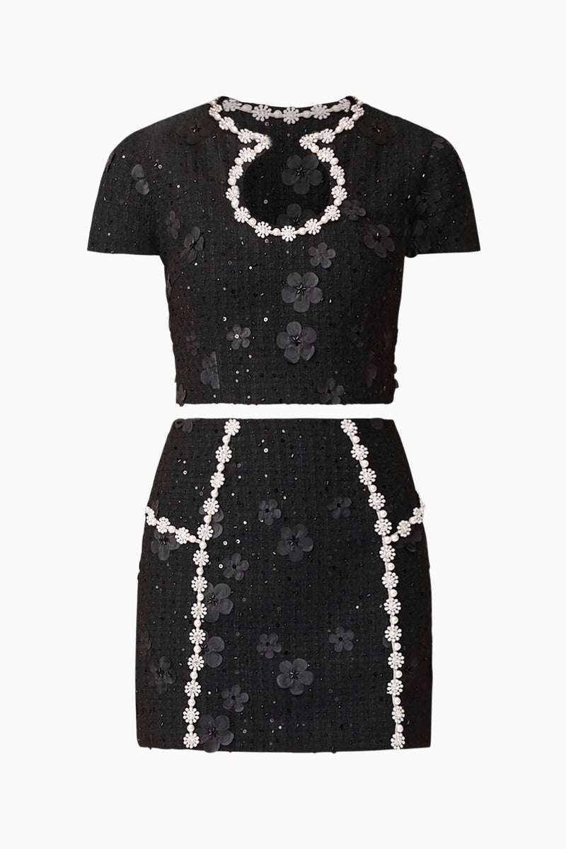 Blonde model wearing Ellouise Embellished Tweed Set in Black skirt ghost shot