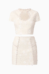 Brunette model wearing Ellouise Embellished Tweed Set in White top ghost  shot