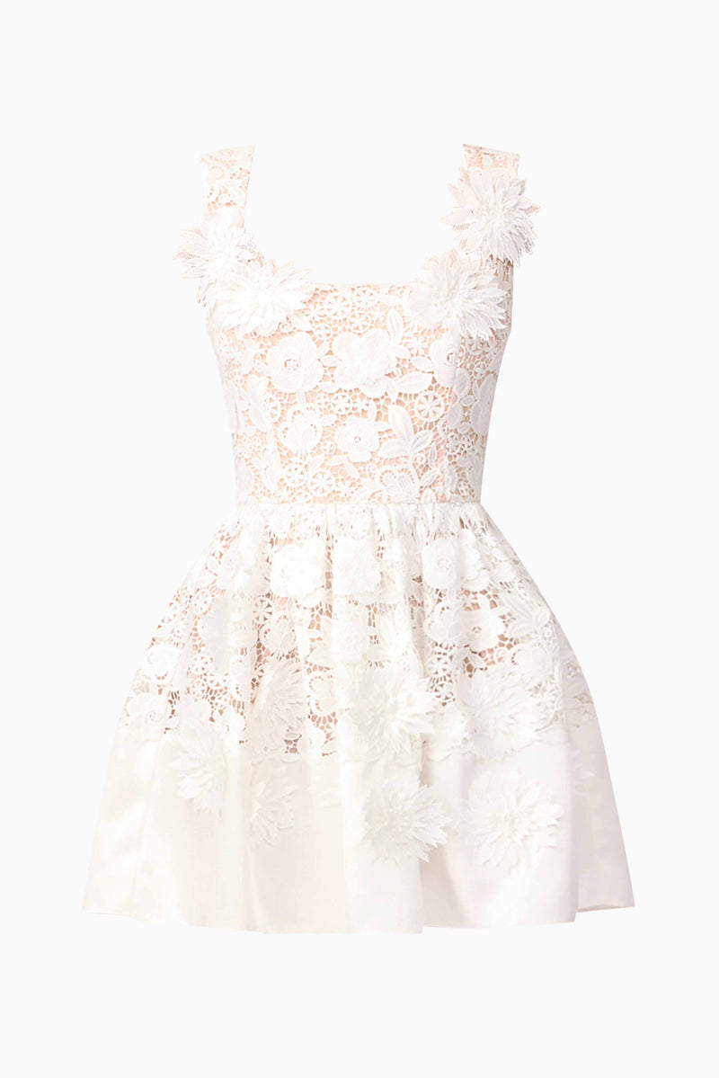 Brunette model wearing Margot Floral Mini Dress in White ghost shot