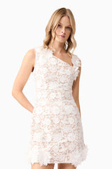 Blonde model wearing Margot Shift Mini Dress in White close up shot