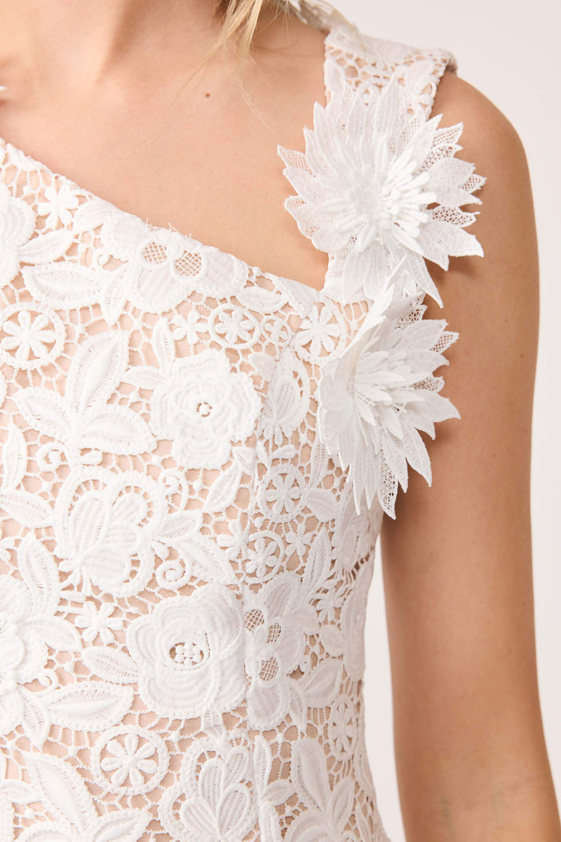 Blonde model wearing Margot Shift Mini Dress in White detail shot