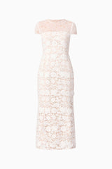 Brunette model wearing Margot Lace Maxi Dress in White ghost shot
