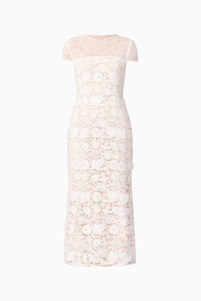 Brunette model wearing Margot Lace Maxi Dress in White ghost shot