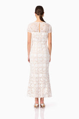 Brunette model wearing Margot Lace Maxi Dress in White back shot
