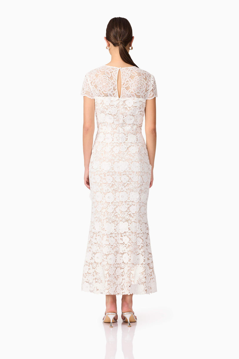 Brunette model wearing Margot Lace Maxi Dress in White back shot