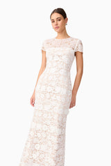 Brunette model wearing Margot Lace Maxi Dress in White close up posed shot