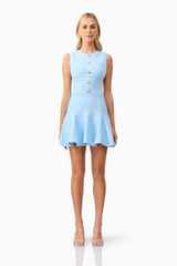 Blonde model wearing Fiona Mini Dress in Blue front shot