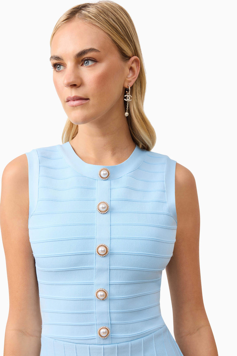 Blonde model wearing Fiona Mini Dress in Blue close up shot