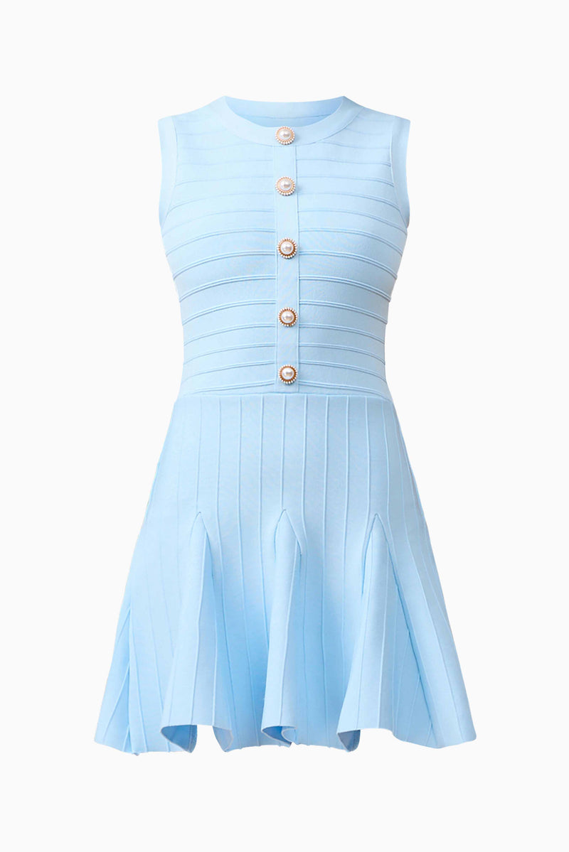 Blonde model wearing Fiona Mini Dress in Blue ghost shot