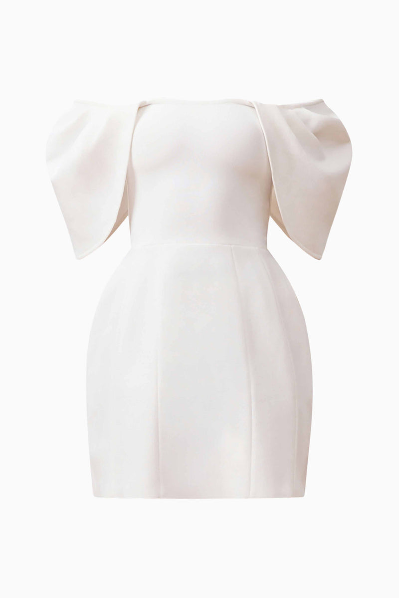 Blonde model wearing Fiona Off The Shoulder Mini Dress in White ghost shot
