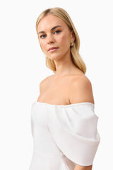 Blonde model wearing Fiona Off The Shoulder Mini Dress in White close up shot