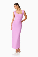 Fiona Fitted Maxi Dress in Purple with a fitted silhouette & thick straps posed looking away shot