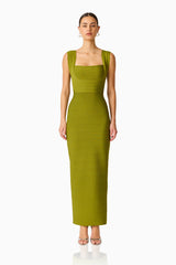 Fiona Fitted Maxi Dress in Olive Green with fitted silhouette & thick straps front shot