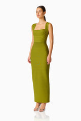 Fiona Fitted Maxi Dress in Olive Green with fitted silhouette & thick straps side shot