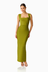 Fiona Fitted Maxi Dress in Olive Green with fitted silhouette & thick straps posed shot