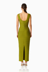 Fiona Fitted Maxi Dress in Olive Green with back zipper & back slit back shot