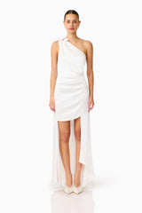Erielle Asymmetrical Gown in White with one shoulder neckline 