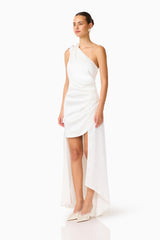 ERIELLE ASYMMETRICAL GOWN IN WHITE WITH ONE SHOULDER SIDE SHOT