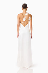 ERIELLE ASYMMETRICAL GOWN IN WHITE WITH ZIPPER BACK AND FLORAL STRAPS BACK SHOT