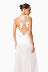 ERIELLE ASYMMETRICAL GOWN IN WHITE WITH ONE SHOULDER BACK CLOSE UP SHOT