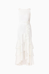 Erielle Tiered Gown in White with tiered skirt and floral belt ghost shot