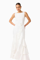 Erielle Tiered Gown in White with tiered skirt and floral belt close up shot