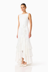 Erielle Tiered Gown in White with tiered skirt and floral belt side shot