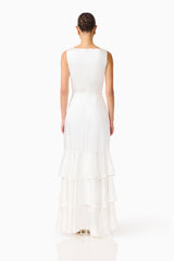 Erielle Tiered Gown in White with tiered skirt and back zipper shot