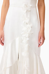 Erielle Tiered Gown in White with tiered skirt and floral belt detail shot