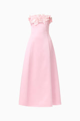 Espera Applique Gown in Rose Pink with floral apliques along the bust ghost shot