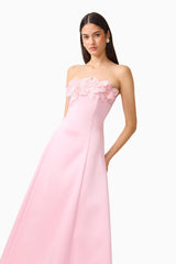 Espera Applique Gown in Rose Pink with floral apliques along the bust close up shot