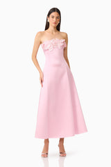 Espera Applique Gown in Rose Pink with floral apliques along the bust posed shot