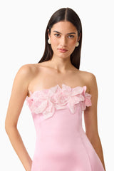 Espera Applique Gown in Rose Pink with floral apliques along the bust detail shot