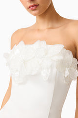 Espera Applique Gown in White with floral applique along the bust detail shot