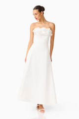 Espera Applique Gown in White with floral applique along the bust posed shot