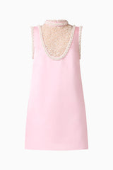 Espera Shift Mini Dress in Rose Pink with pearl trip detailing & collared neckline ghost shot