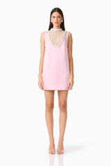 Espera Shift Mini Dress in Rose Pink with pearl trip detailing & collared neckline front shot