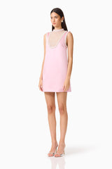 Espera Shift Mini Dress in Rose Pink with pearl trip detailing & collared neckline side shot