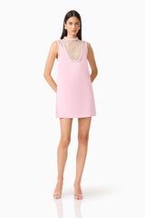 Espera Shift Mini Dress in Rose Pink with pearl trip detailing & collared neckline back shot
