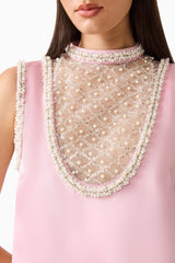 Espera Shift Mini Dress in Rose Pink with pearl trip detailing & collared neckline detail shot