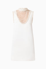 Espera Shift Mini Dress in White with collared neckline & front sheer pearl panel ghost shot