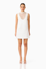 Espera Shift Mini Dress in White with collared neckline & front sheer pearl panel front shot